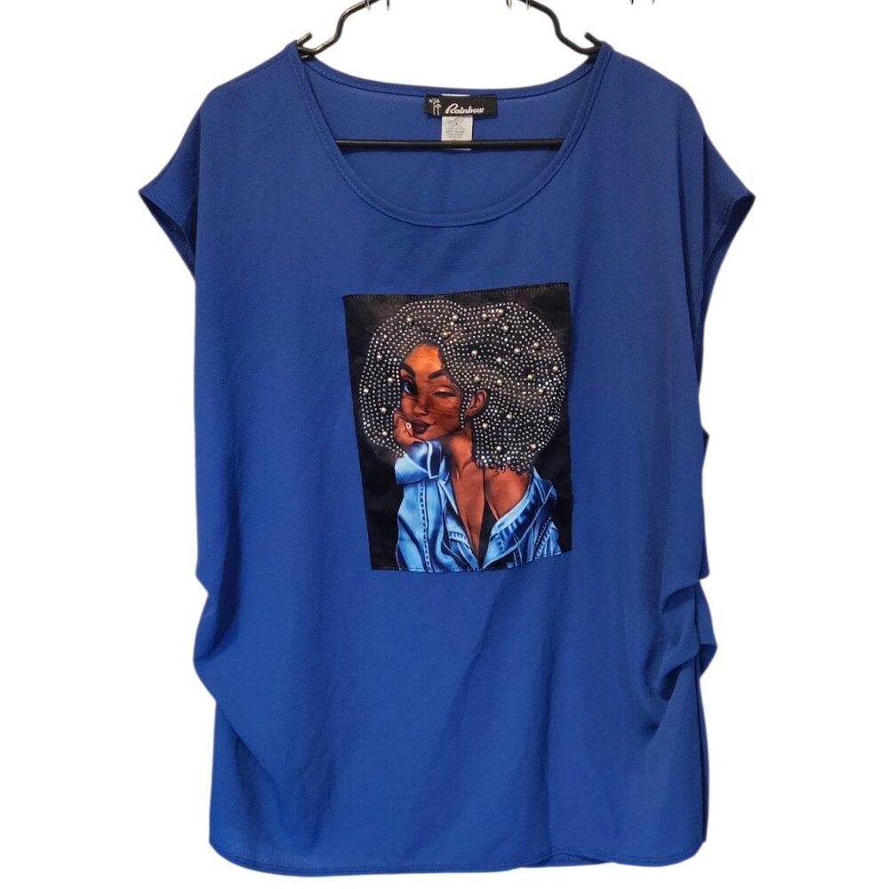 Rainbow Afro Girl Bedazzled Rhinestone Woman's Tunic Sheer Blue Top Size 1X